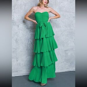 Flying Tomato “Sunny Enchantment” Elegant Green Strapless Tiered Maxi Dress